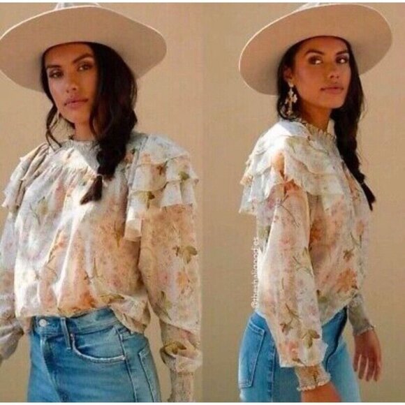 V. CHAPMAN Lucca Top Floral Ruffle Long Sleeve Cotton Silk Blouse Top Size 0 - Picture 2 of 10